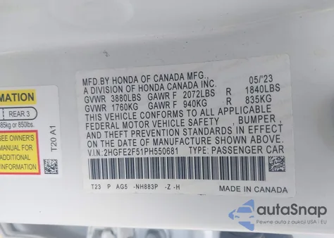 2023 Honda Civic Sport from USA, damaged, VIN 2HGFE2F51PH550681